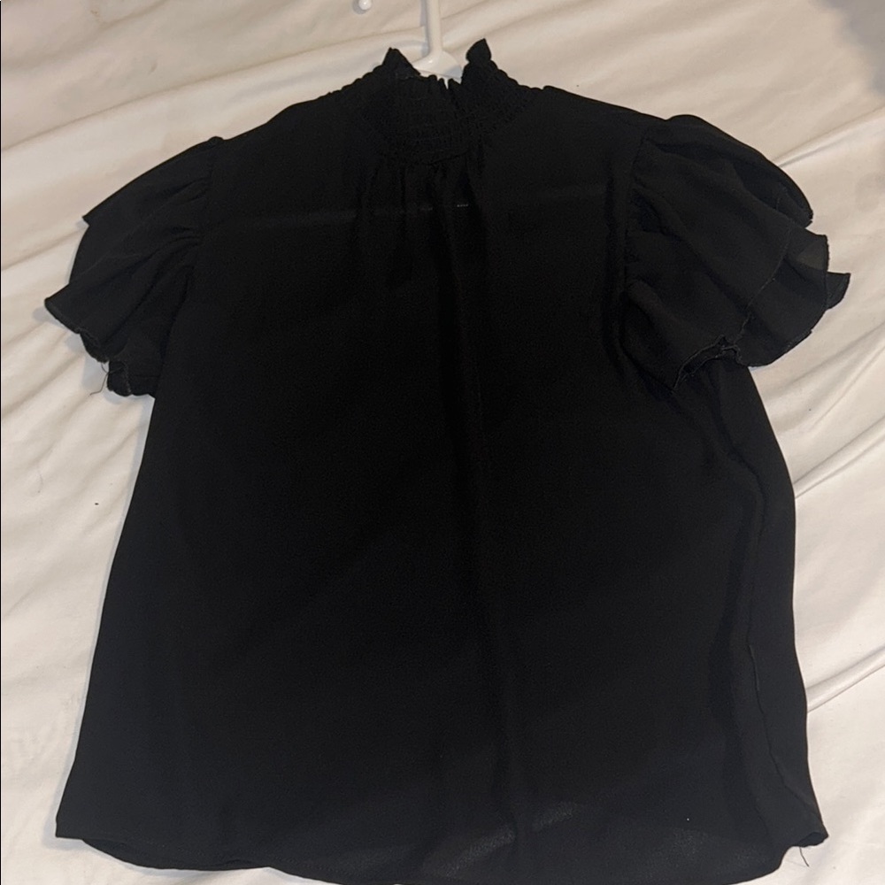 Black Ruffled Blouse with Mandarin Collar